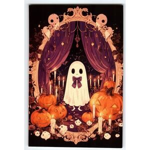 Cute Halloween Ghost & Jack-o'-Lanterns Photochrome Postcard 5.5x4"